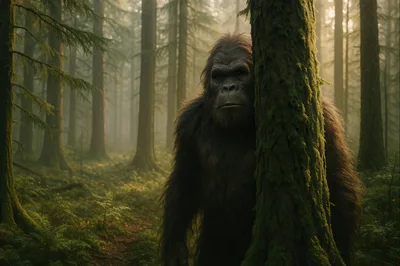Bigfoot Standing Behind A Mossy Tree In The Forest