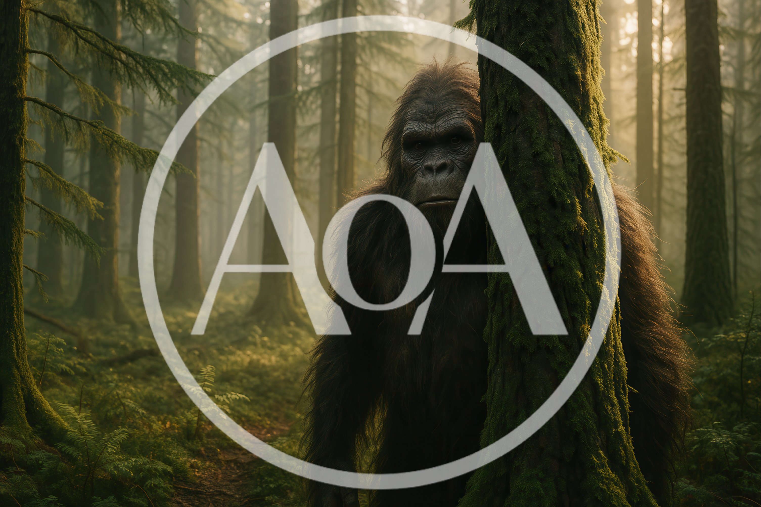 Bigfoot Standing Behind A Mossy Tree In The Forest