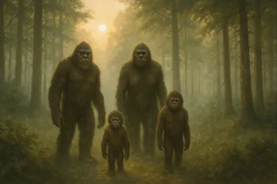 Family Of Bigfoot Creatures In Misty Forest