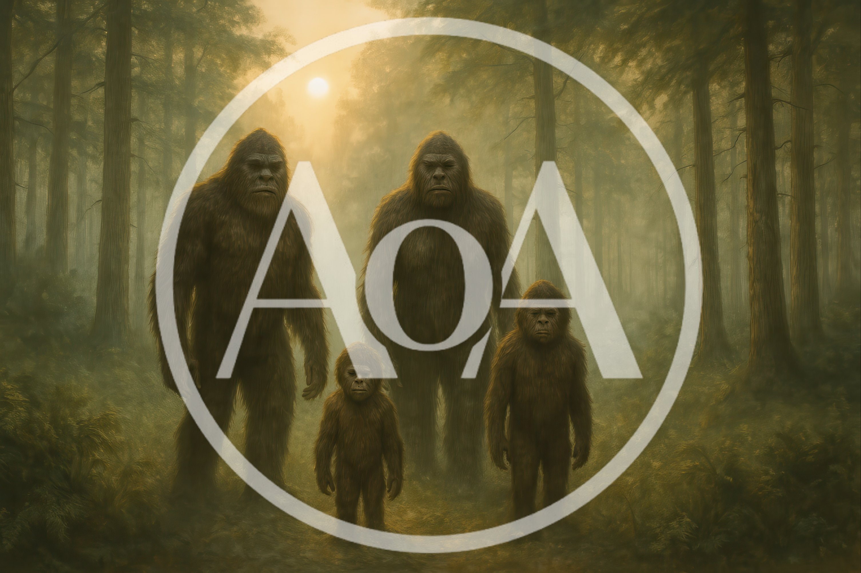 Family Of Bigfoot Creatures In Misty Forest