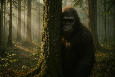 Bigfoot Peeking From Behind A Mossy Forest Tree