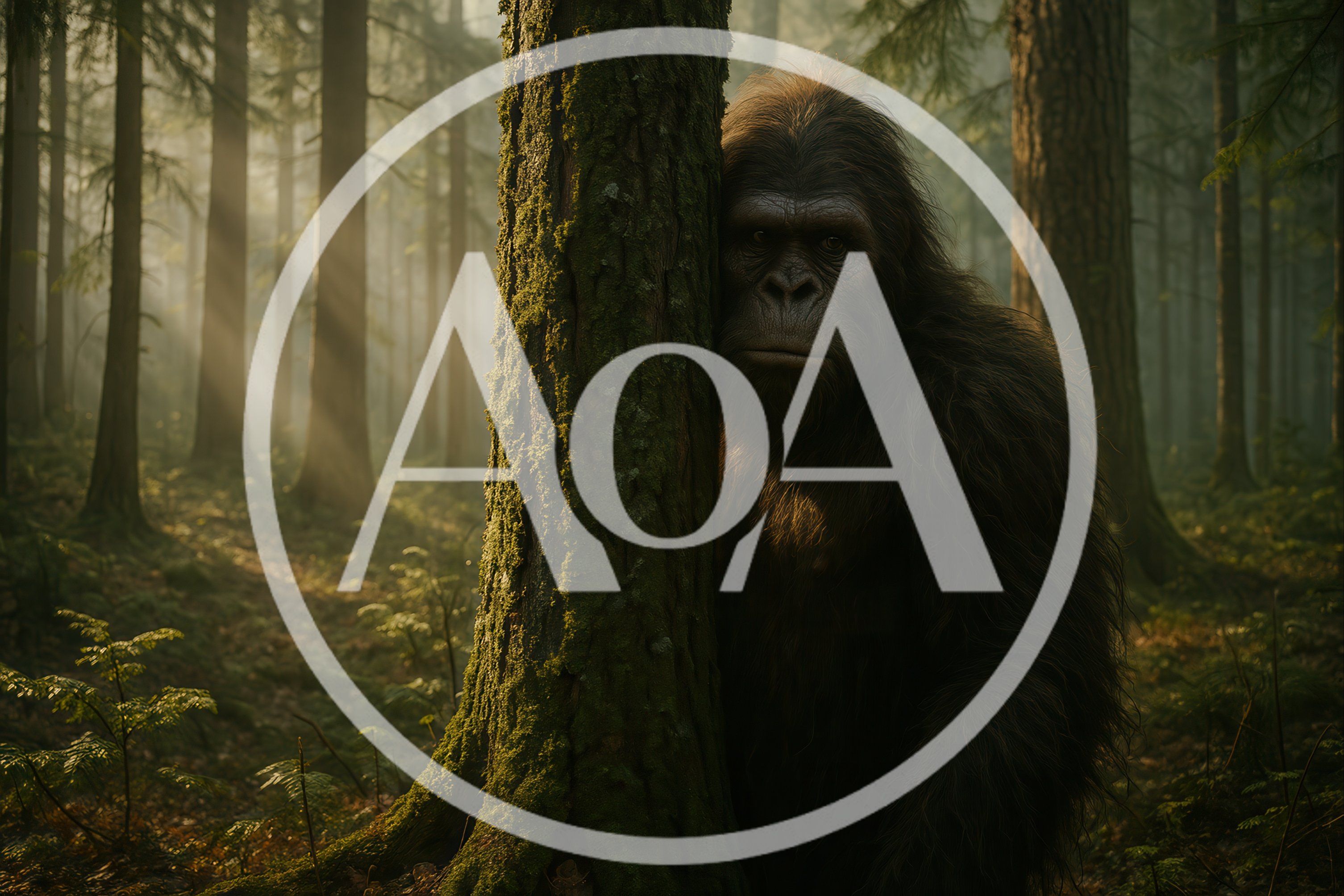 Bigfoot Peeking From Behind A Mossy Forest Tree