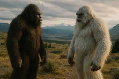 Bigfoot And Yeti Standing In A Mountain Landscape