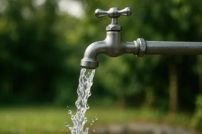 Metal Water Faucet Flowing With Clear Stream