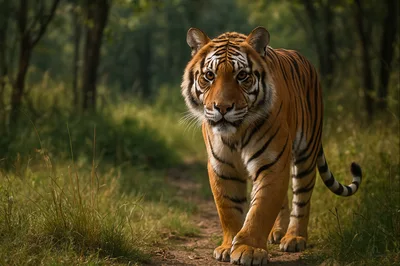 Majestic Bengal Tiger Walking Through A Lush Forest