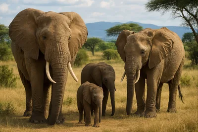 African Elephant Family Walking Through The Savanna