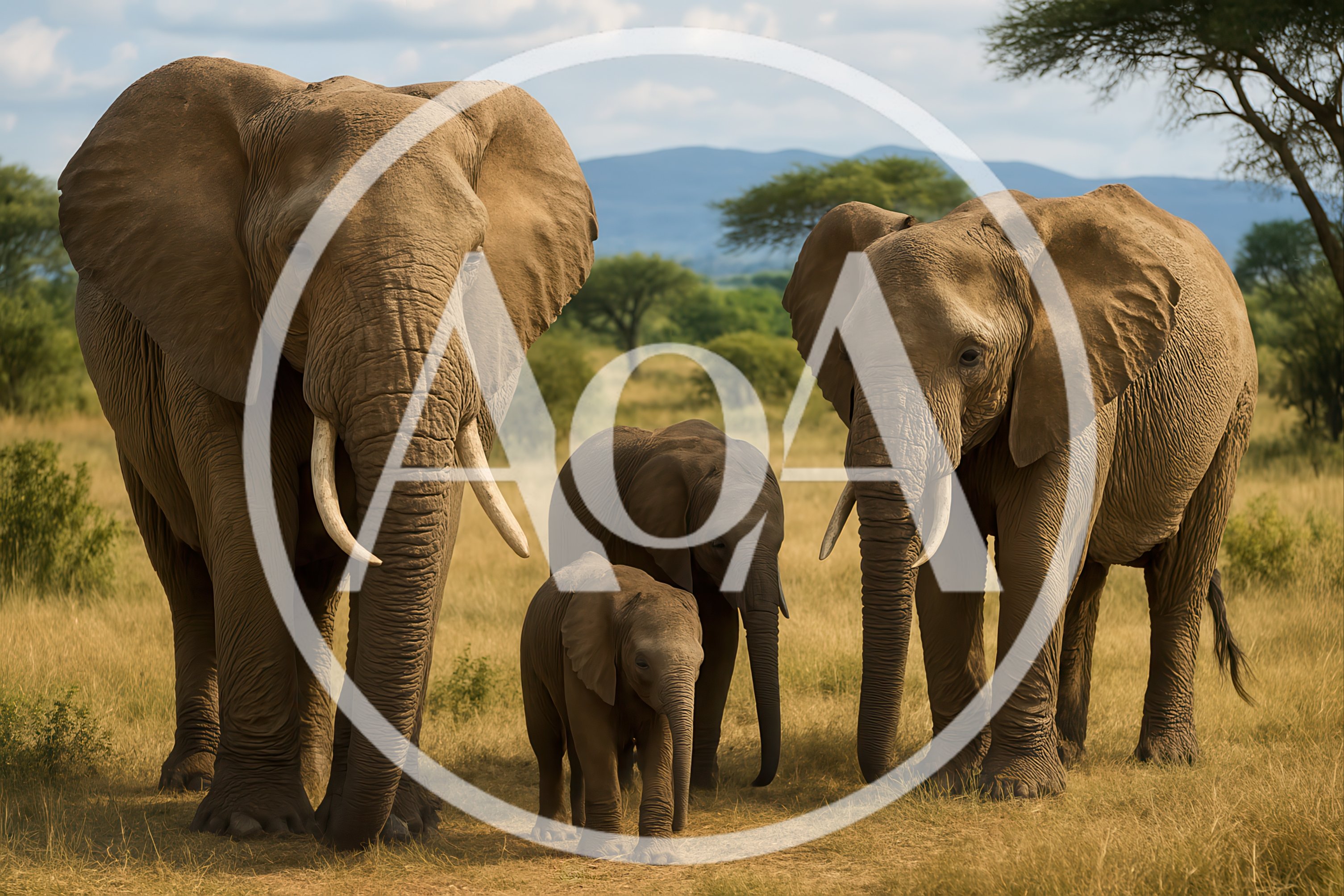 African Elephant Family Walking Through The Savanna
