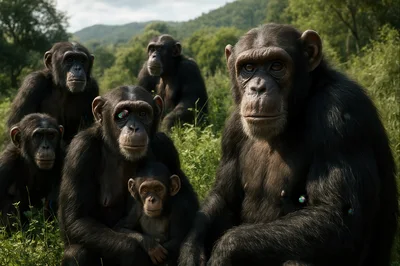 Group of Chimpanzees Sitting Together in Lush Green Forest
