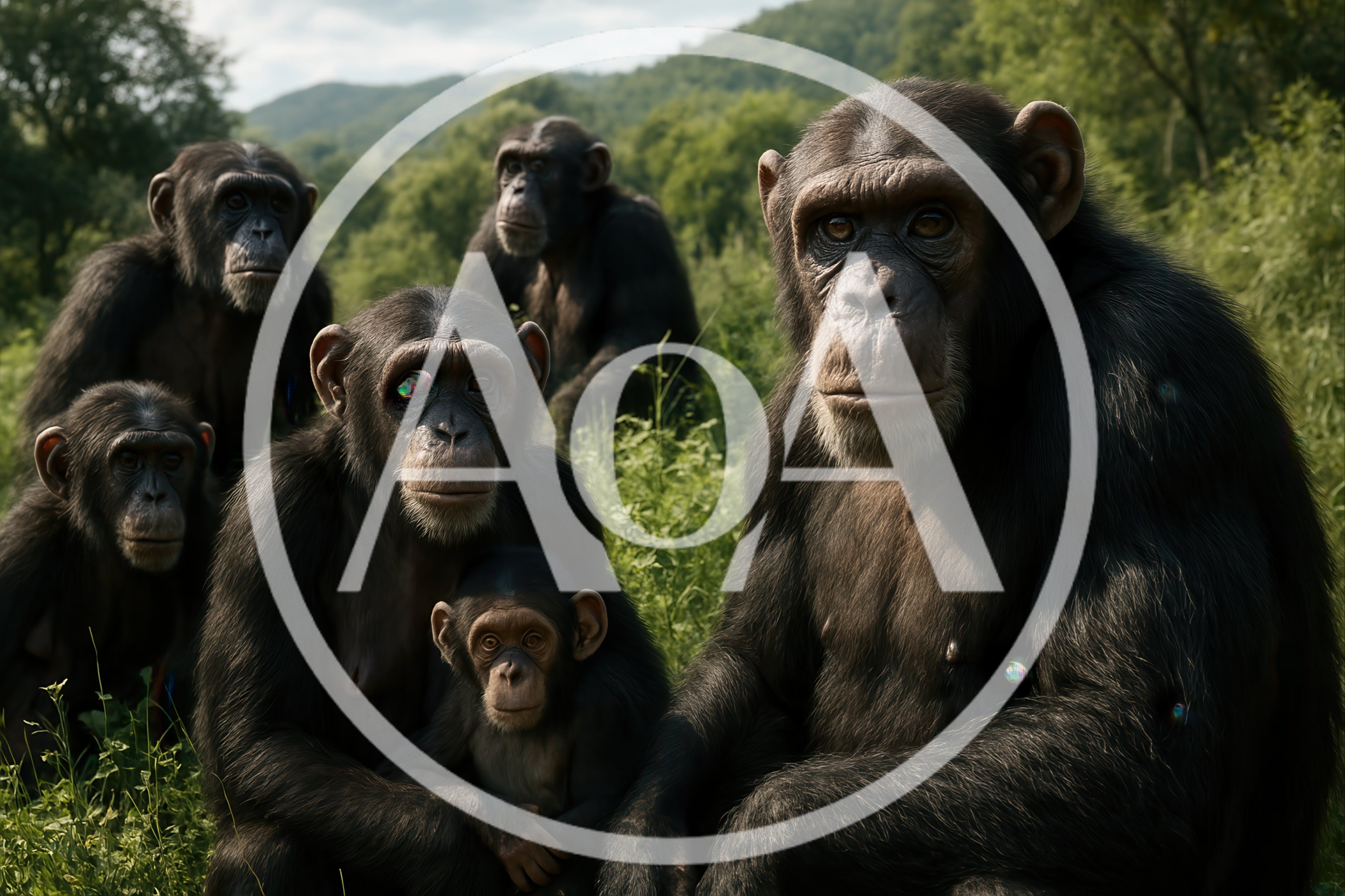 Group of Chimpanzees Sitting Together in Lush Green Forest