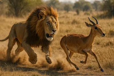 Male Lion Chasing An Impala In The Savannah