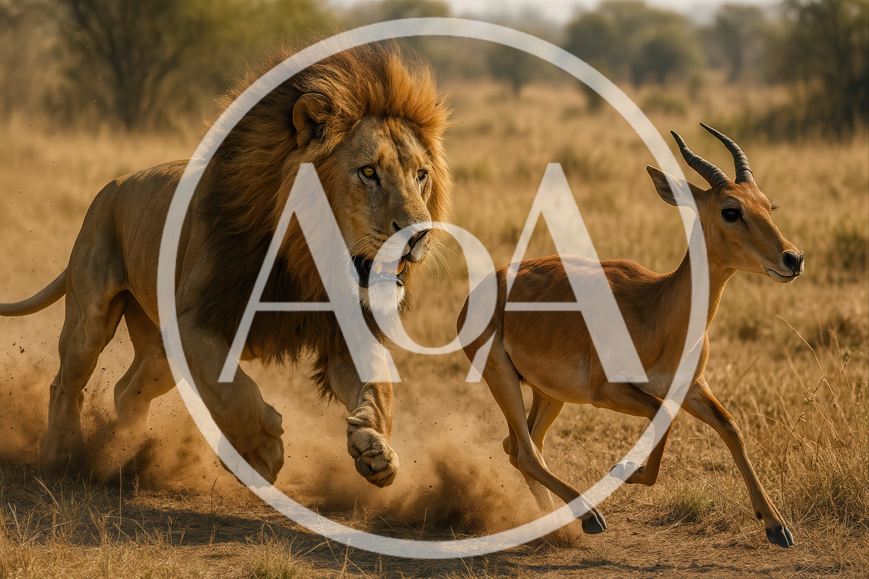 Male Lion Chasing An Impala In The Savannah
