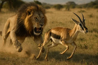 Male Lion Chasing A Gazelle In The Savannah