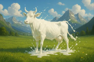 Surreal Cow Made Of Liquid Milk In Alpine Meadow