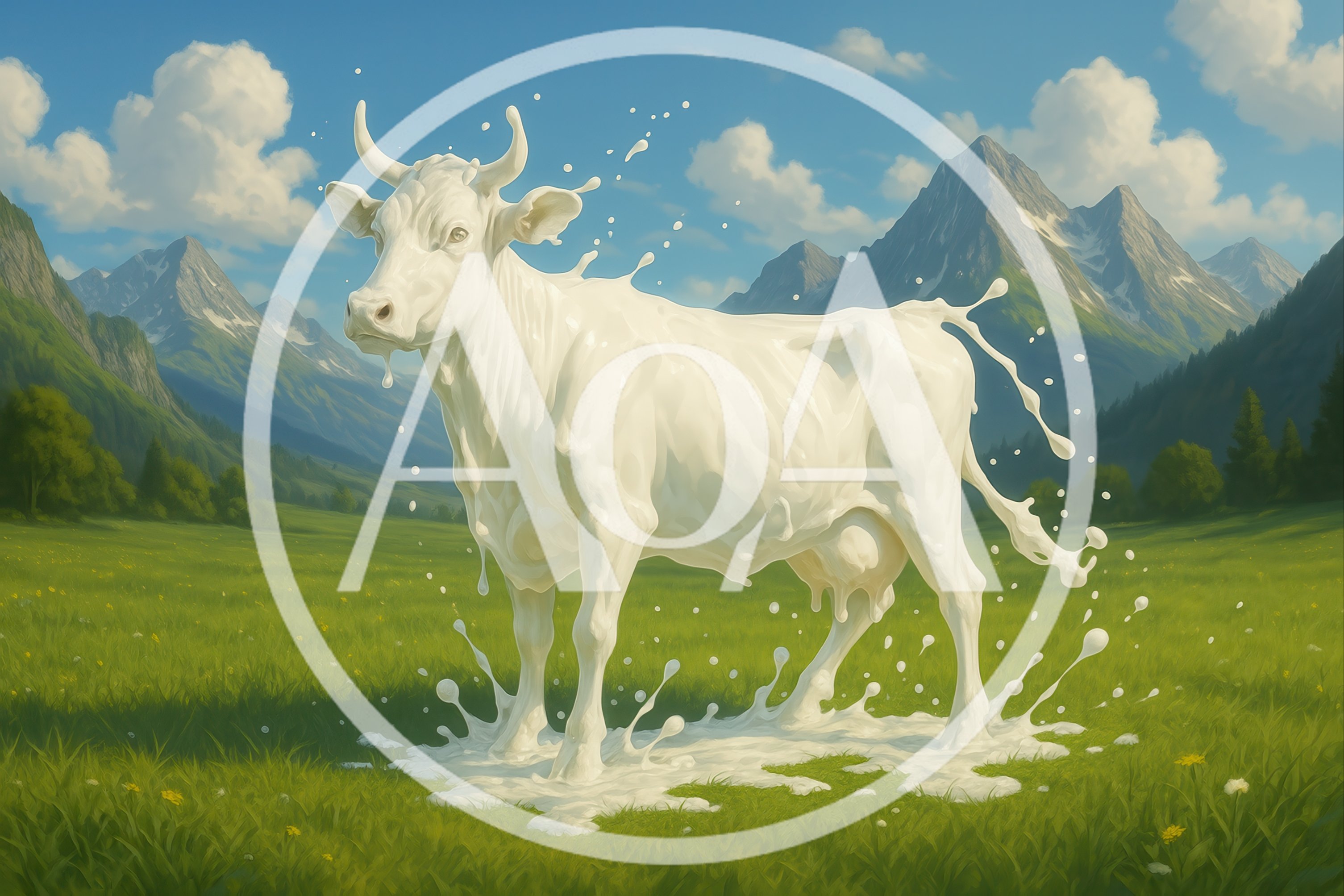 Surreal Cow Made Of Liquid Milk In Alpine Meadow