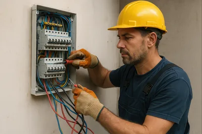 Electrician Working On Residential Circuit Breaker Panel