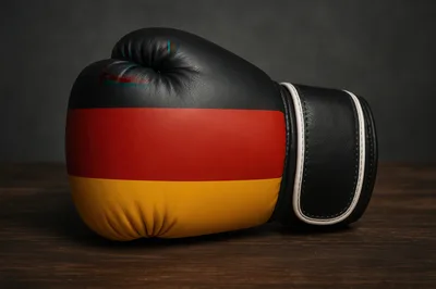 German Flag Pattern Boxing Glove On Wooden Surface