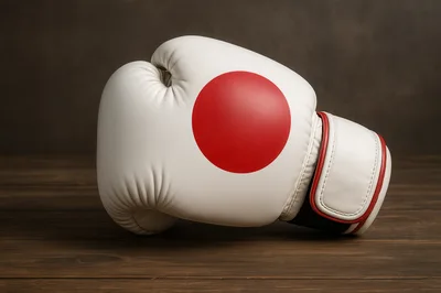 Boxing Glove With Japanese Flag Design On Wooden Surface