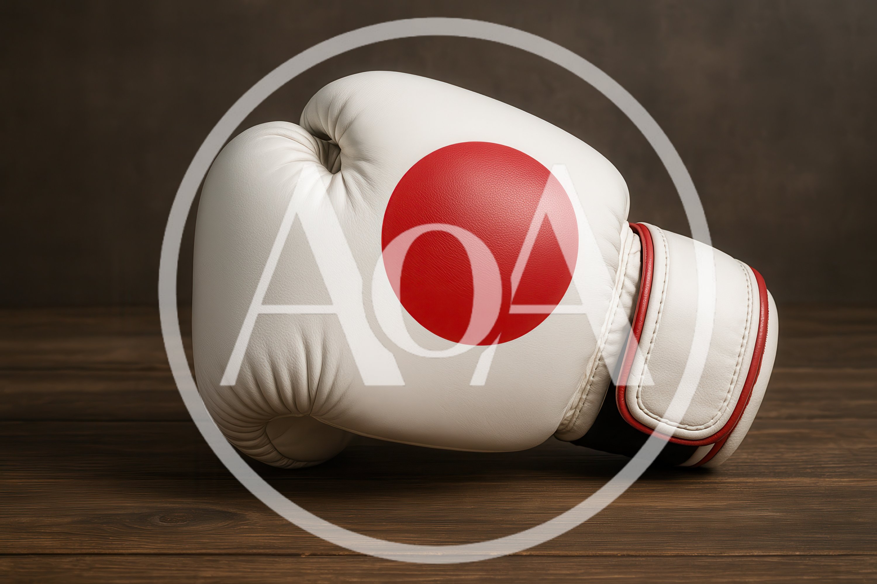 Boxing Glove With Japanese Flag Design On Wooden Surface