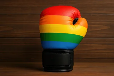 Rainbow Pride Boxing Glove on Wooden Background