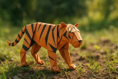 Origami Paper Tiger Standing On Earthy Ground