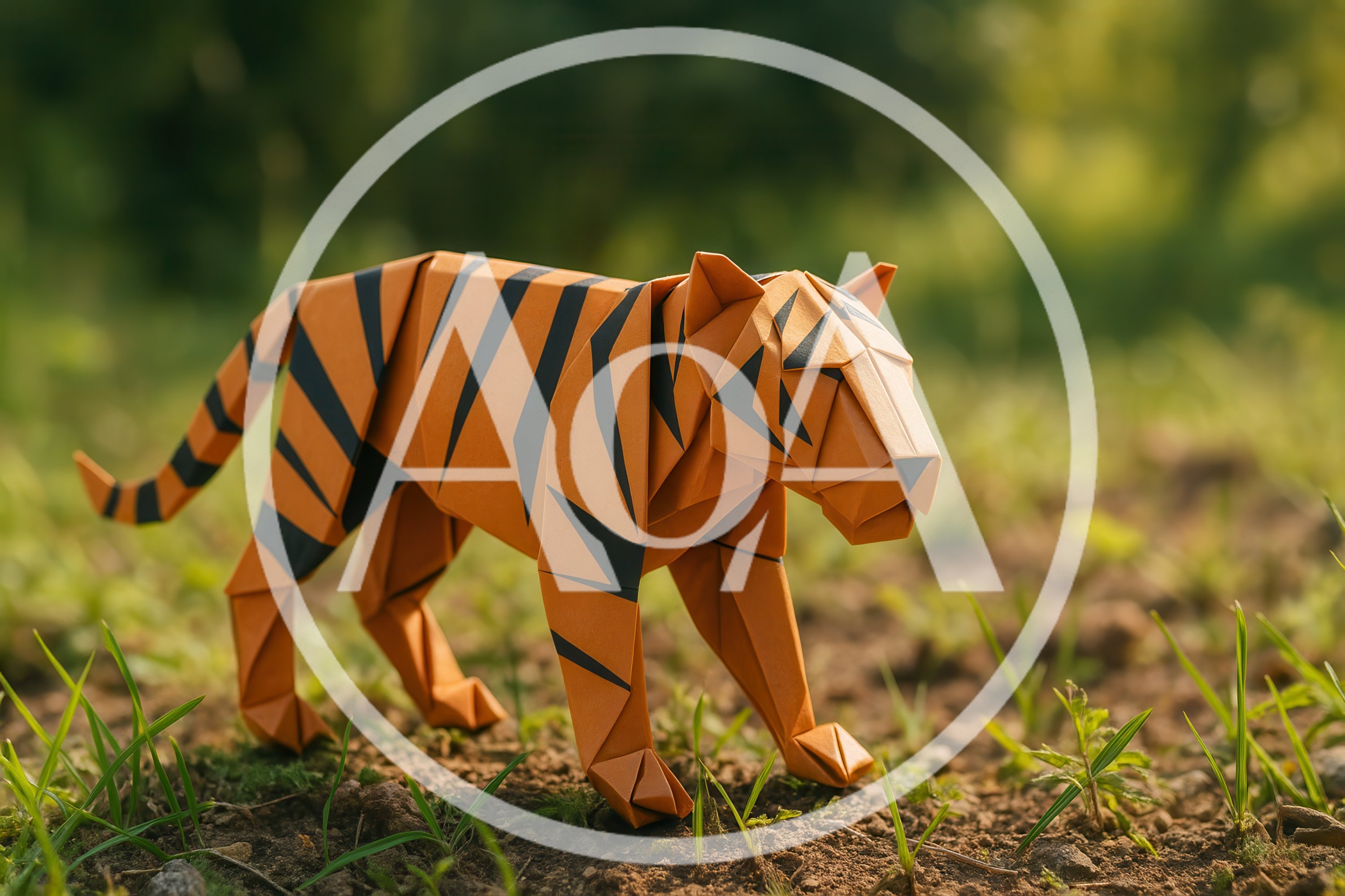 Origami Paper Tiger Standing On Earthy Ground