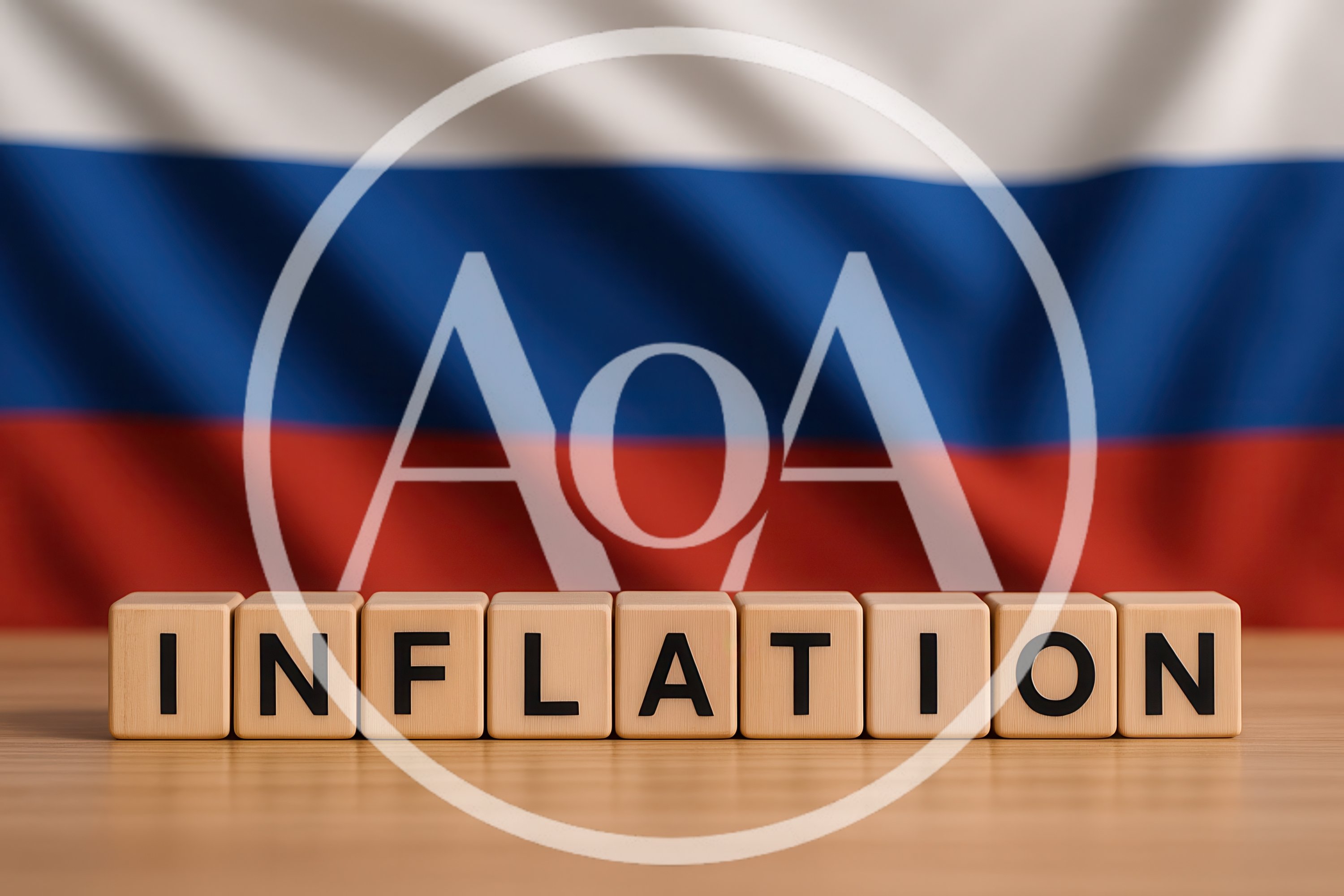 Wooden Blocks Spelling Inflation In Front Of Russian Flag