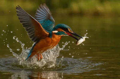 Common Kingfisher Emerging From Water With Caught Fish