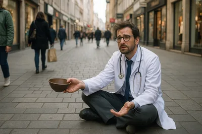 Doctor Sitting On City Street Begging With Bowl