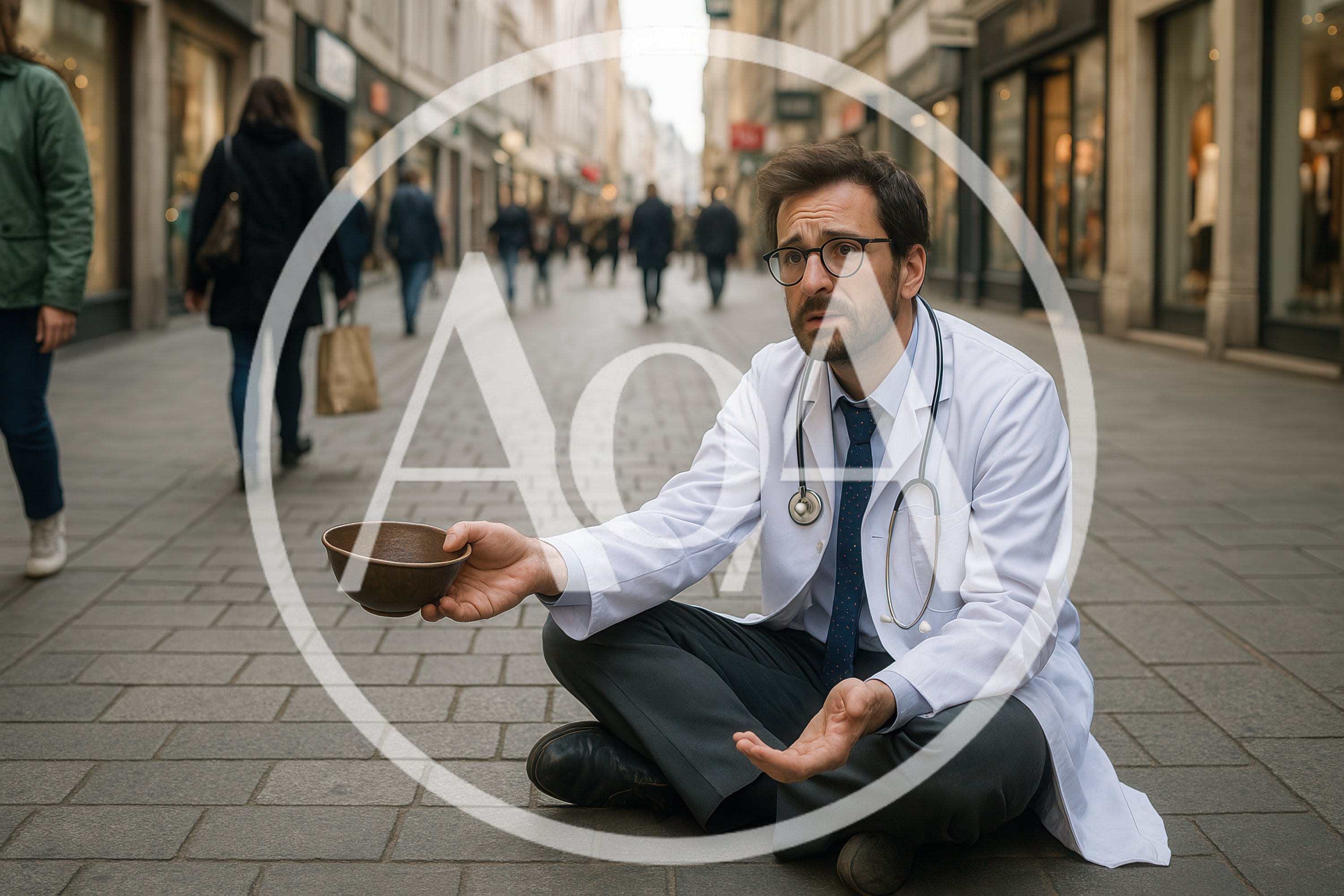 Doctor Sitting On City Street Begging With Bowl