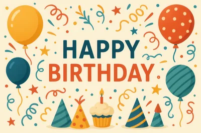 Happy Birthday Greeting Card Illustration With Balloons And Cupcake