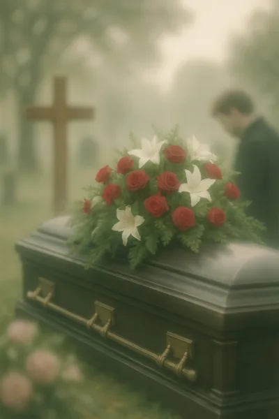 Mourner Standing Beside A Casket At A Foggy Cemetery