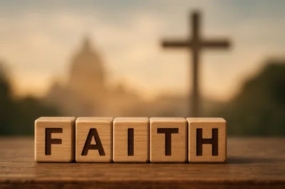Wooden Blocks Spelling Faith With A Cross Background