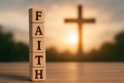 Wooden Blocks Spelling Faith With A Cross Background