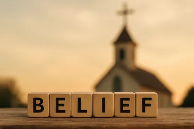 Wooden Blocks Spelling Belief With Blurred Church Background