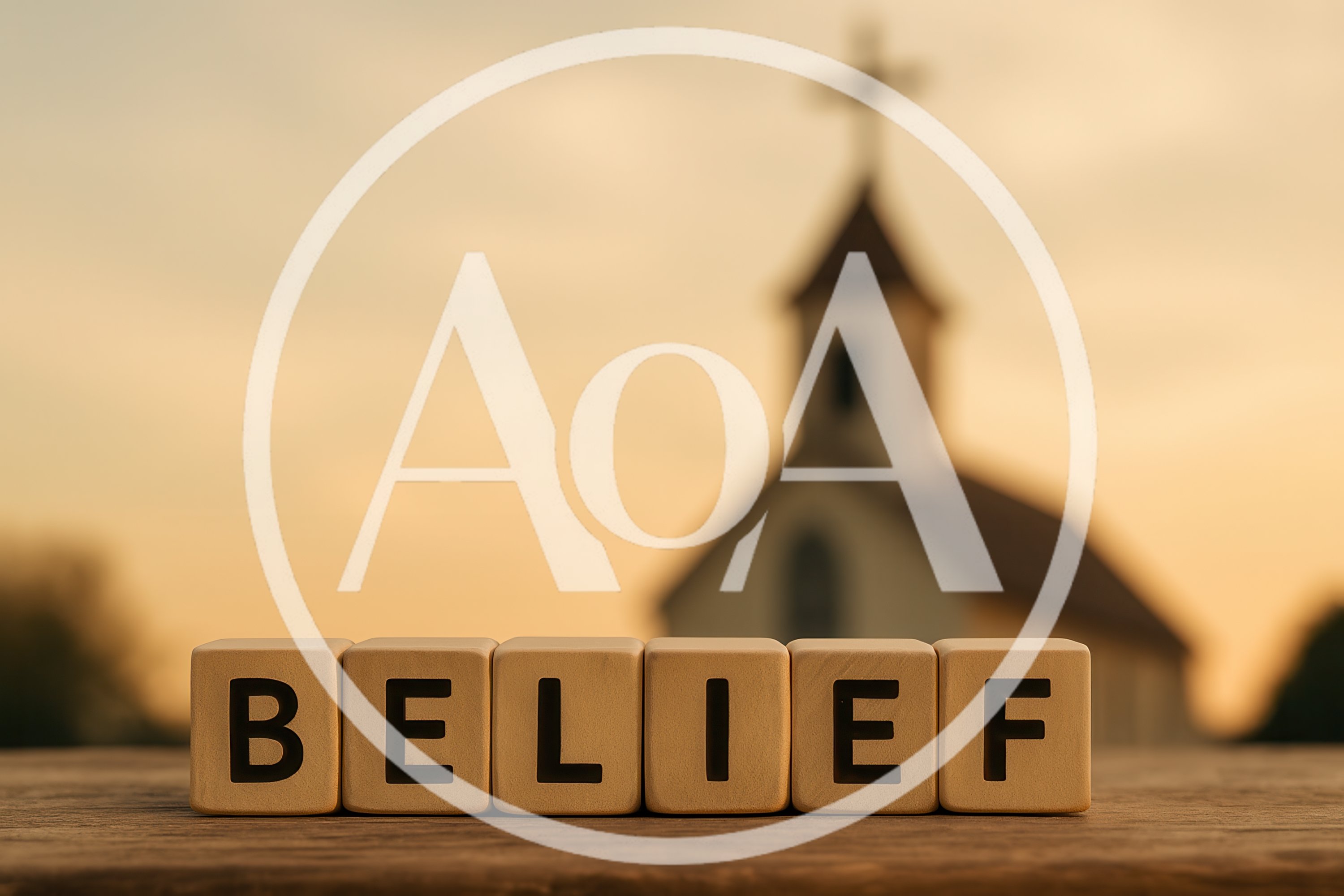 Wooden Blocks Spelling Belief With Blurred Church Background