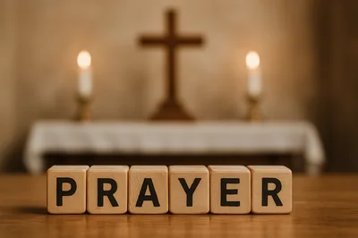 Wooden Blocks Spelling Prayer With Cross And Candles