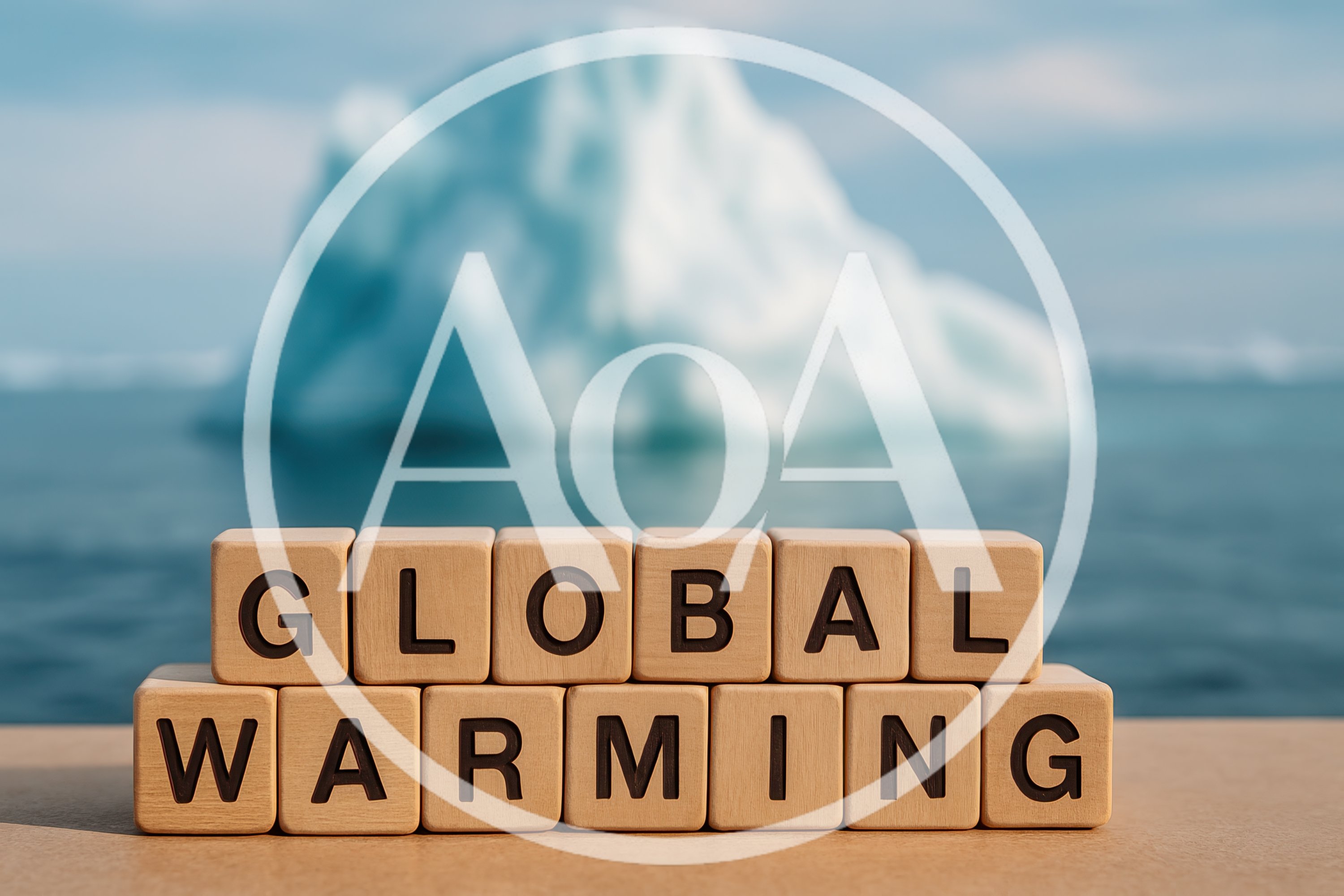 Wooden Blocks Spelling Global Warming With Iceberg Background