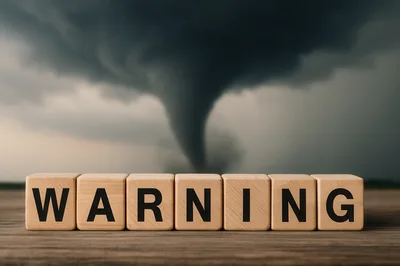 Wooden Blocks Spelling Warning With A Tornado Background
