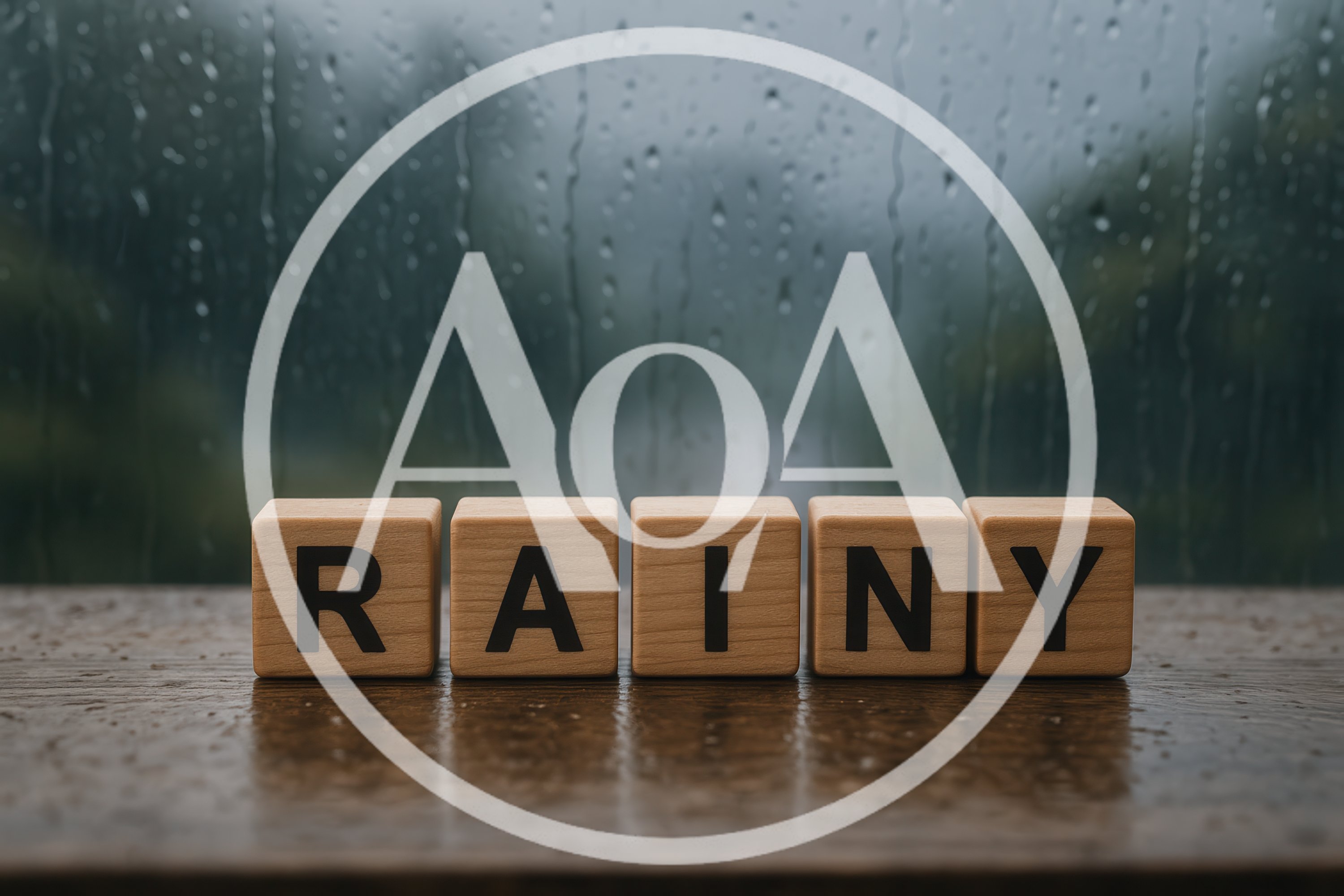 Wooden Blocks Spelling Rainy On A Wet Surface