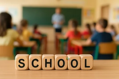 Wooden Blocks Spelling School In A Classroom