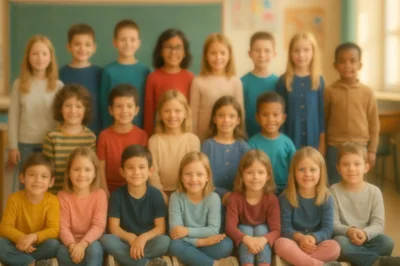 Diverse Group of Elementary Students Posing for Class Photo