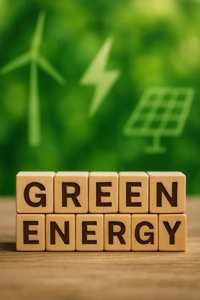 Wooden Blocks Spelling Green Energy With Renewable Icons