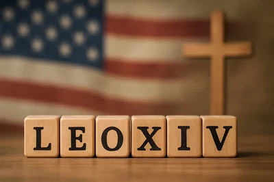 Wooden Blocks Spelling LEOXIV With American Flag And Cross