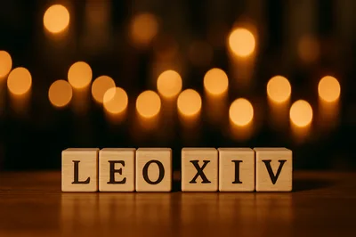 Wooden Blocks Spelling LEOXIV Against Blurred Bokeh Lights