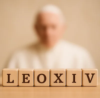 Wooden Blocks Spelling Leo XIV With Blurred Pope Background