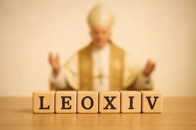 Wooden Blocks Spelling Leo XIV With Blurred Bishop Background