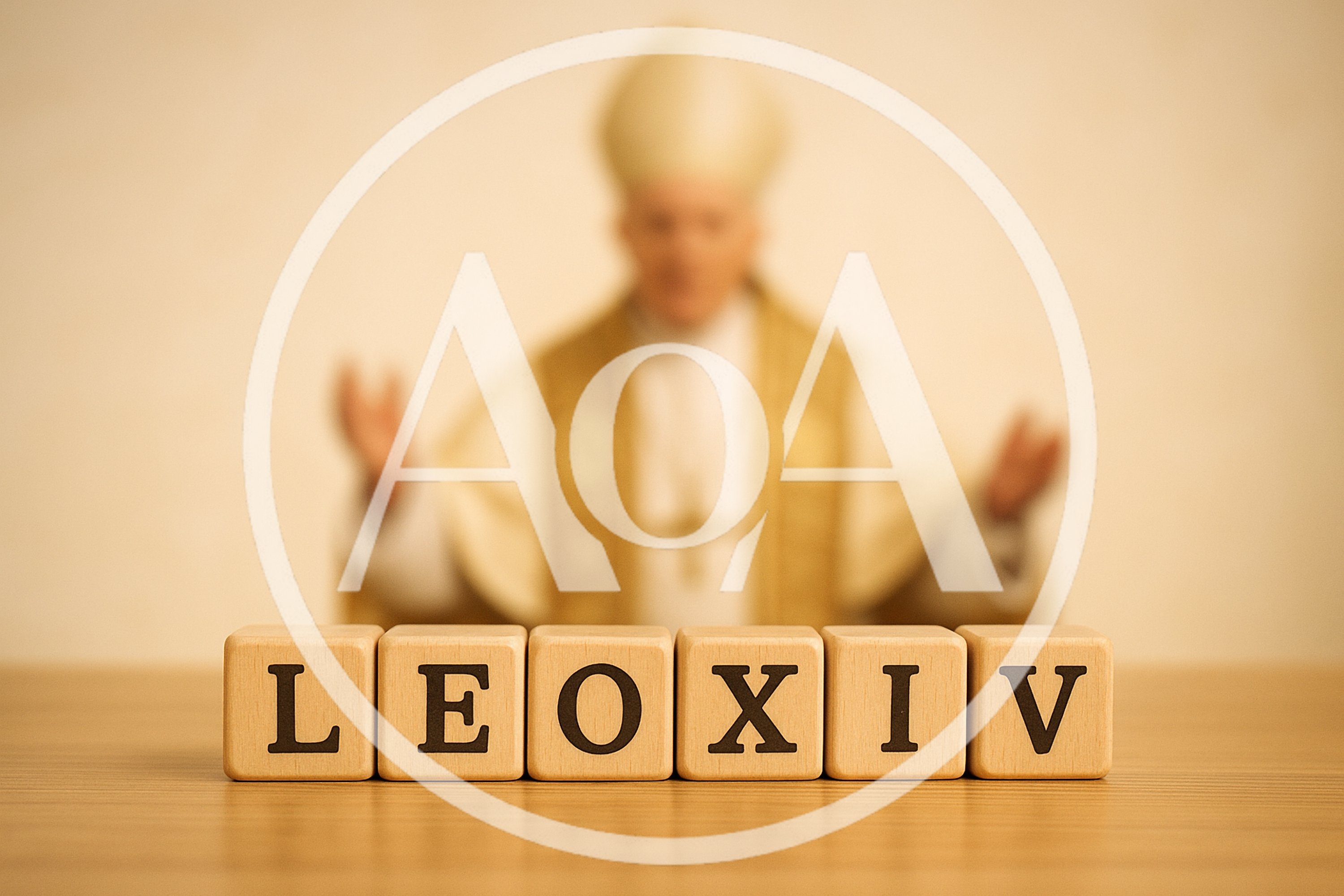 Wooden Blocks Spelling Leo XIV With Blurred Bishop Background