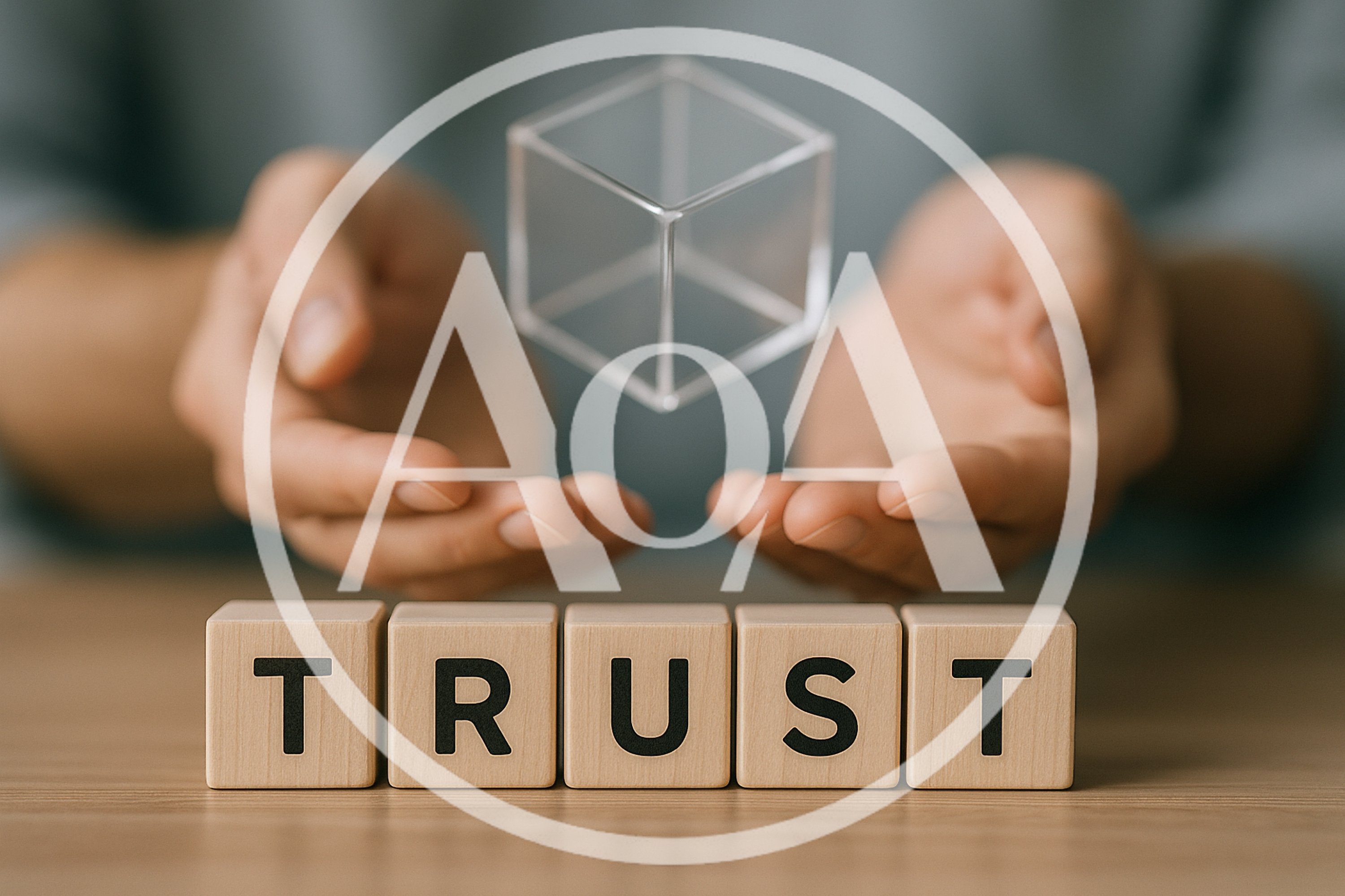 Hands Holding A Floating Transparent Cube Above Trust Blocks