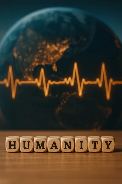 Wooden Blocks Spelling Humanity With Earth Heartbeat Background
