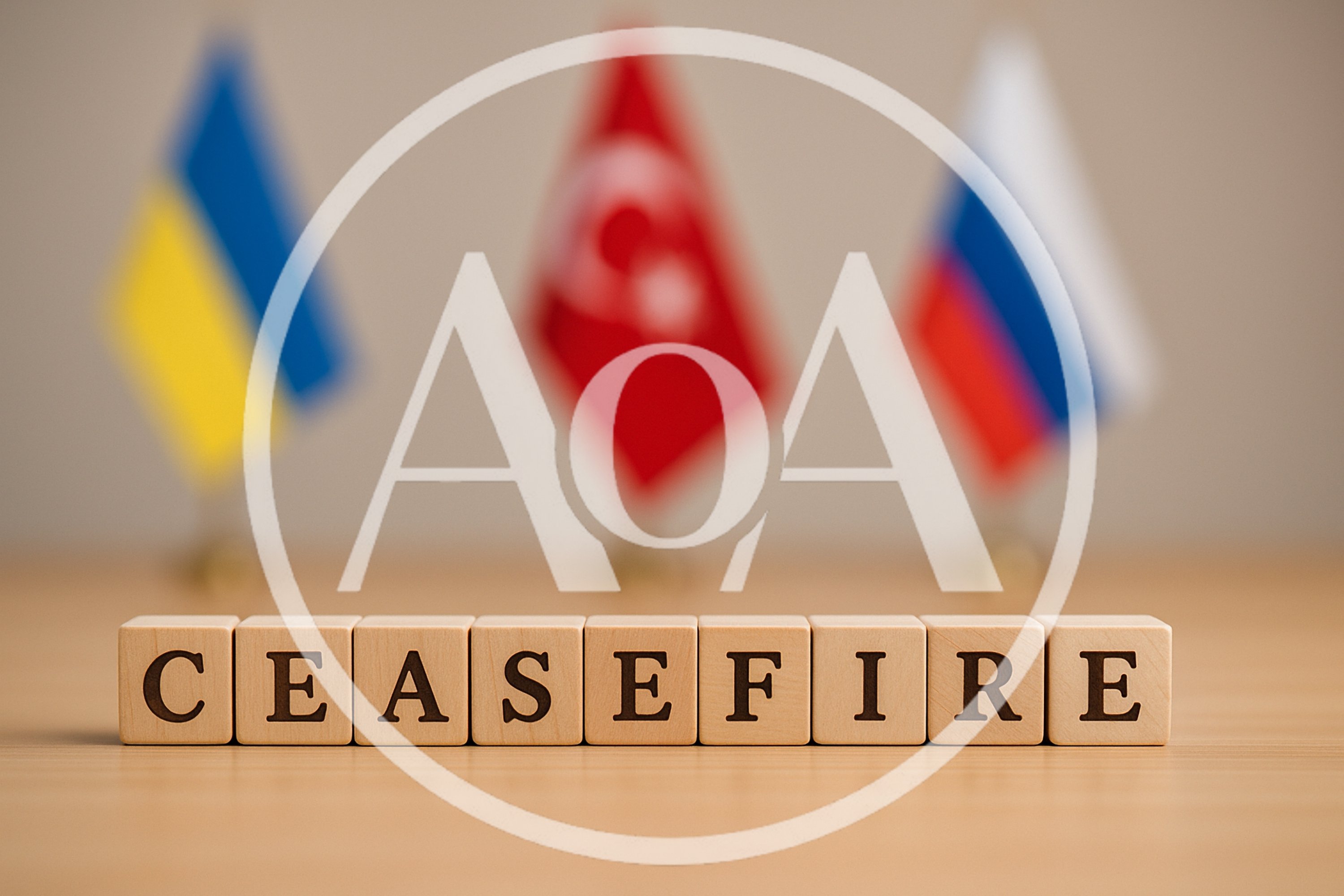Wooden Blocks Spelling Ceasefire With Blurred National Flags